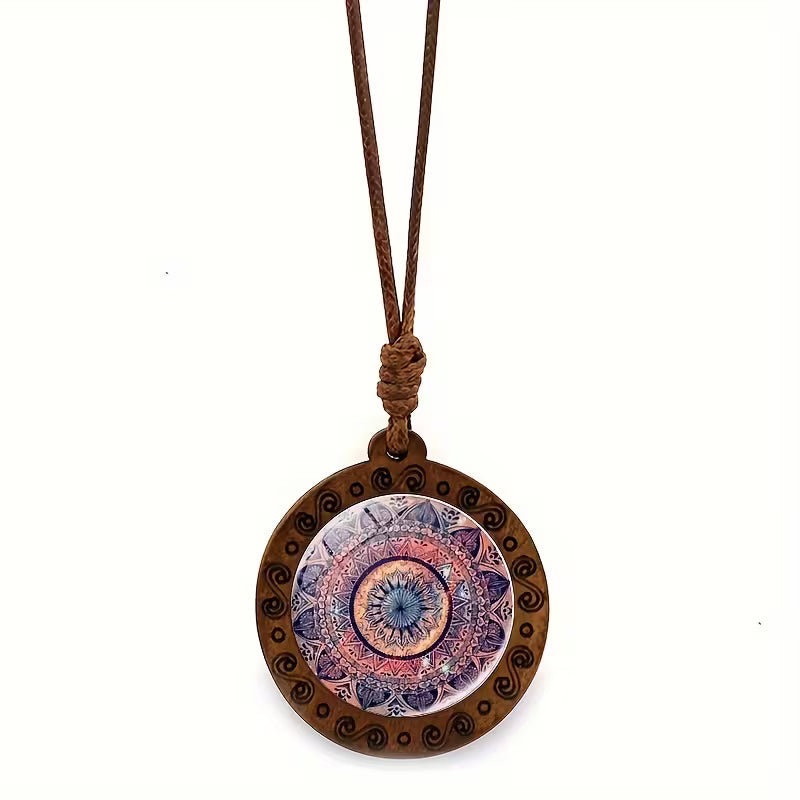 Geometric pink & purple glass and wood pendant necklace on adjustable faux leather cord