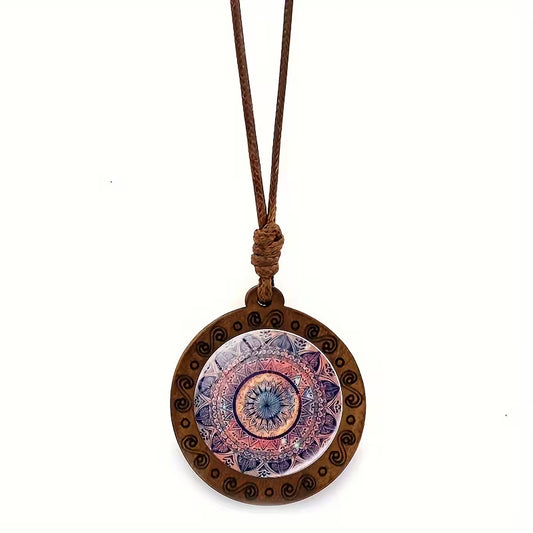 Geometric pink & purple glass and wood pendant necklace on adjustable faux leather cord