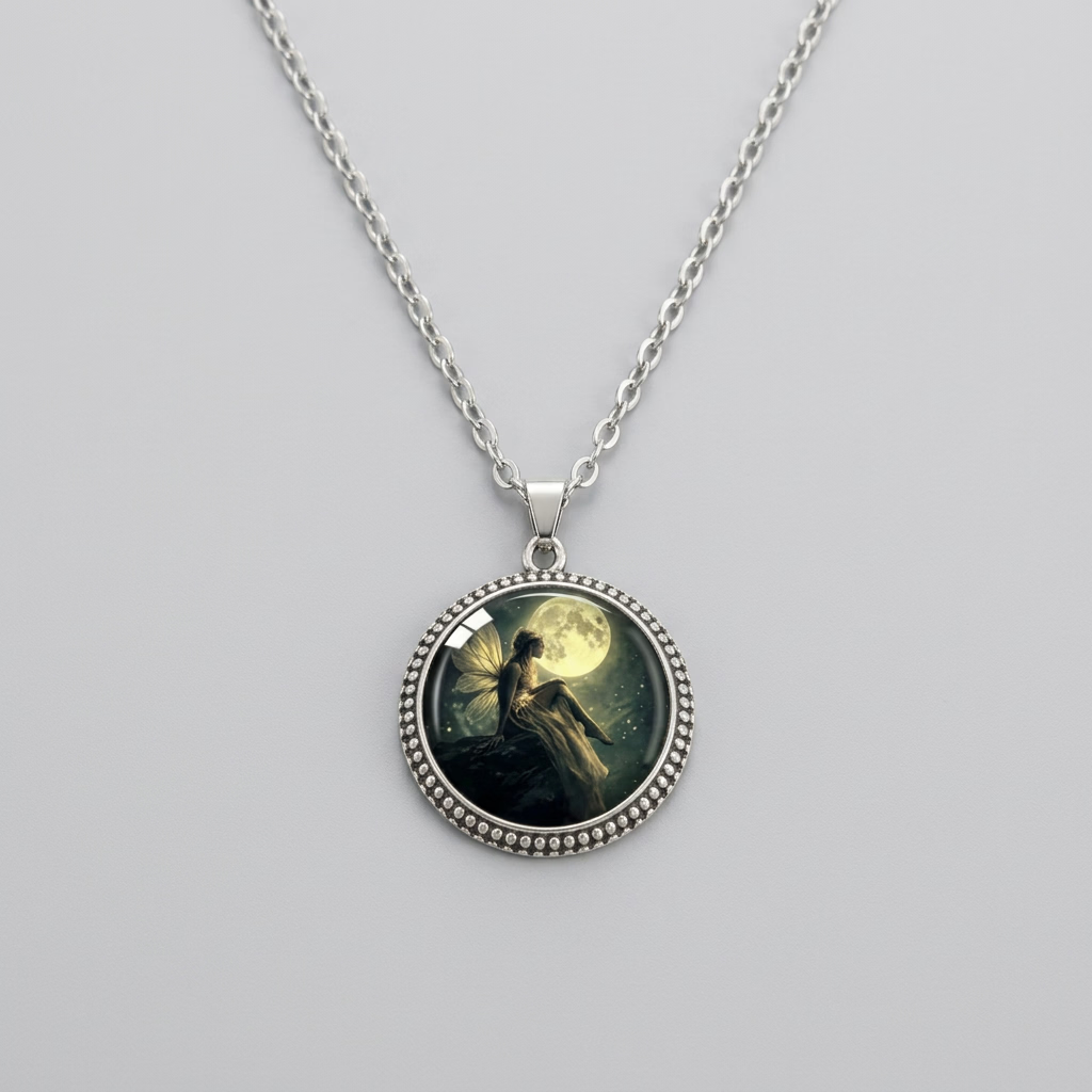 Beige & black pendant necklace 3cm on stainless steel chain