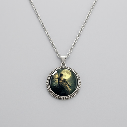 Beige & black pendant necklace 3cm on stainless steel chain