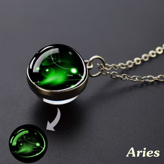 Glow in the Dark Ball Pendant Necklace with Stainless Steel Chain Constellation-Aries