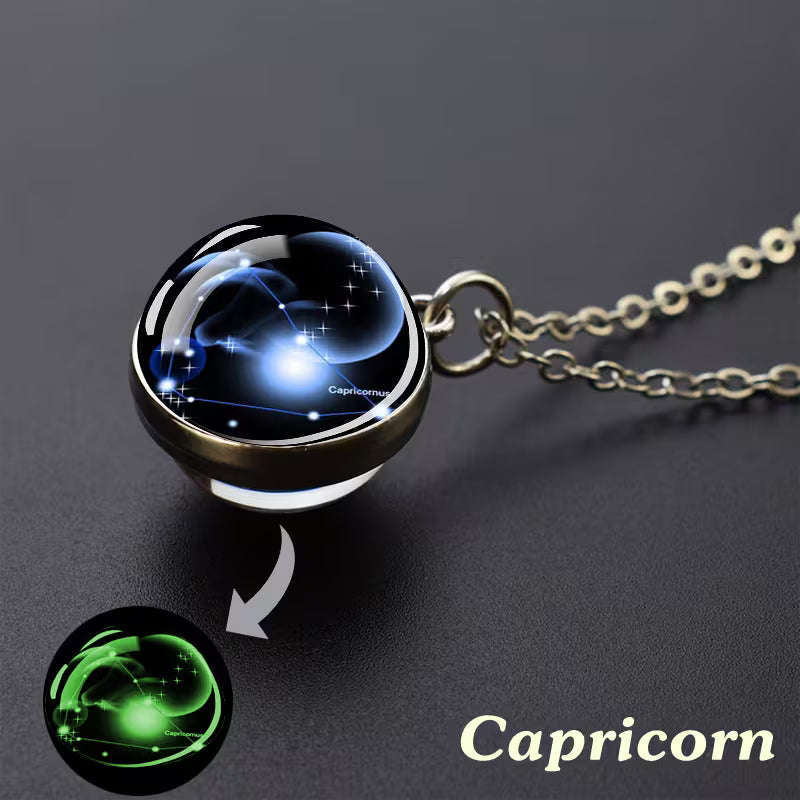 Glow in the Dark Ball Pendant with Stainless Steel Chain-Constellation-Capricorn