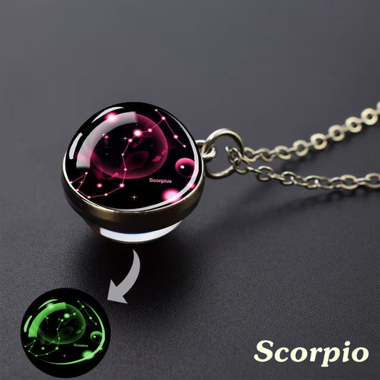 Glow in the Dark Ball Pendant Necklace with Stainless Steel Chain Constellation-Scorpio