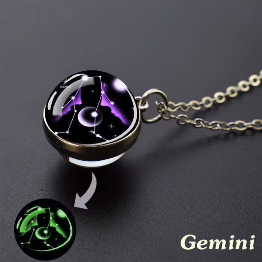 Glow in the Dark Ball Pendant Necklace with Stainless Steel Chain Constellation-Gemini