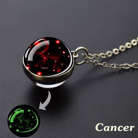 Glow in the Dark Ball Pendant Necklace with Stainless Steel Chain Constellation-Cancer