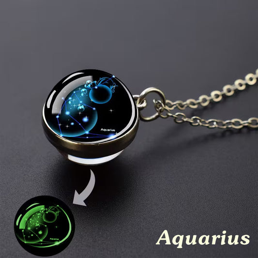 Glow in the Dark Ball Pendant Necklace with Stainless Steel Chain Constellation-Aquarius