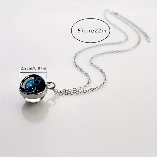Glow in the Dark Ball Pendant Necklace with Stainless Steel Chain Constellation-Aquarius