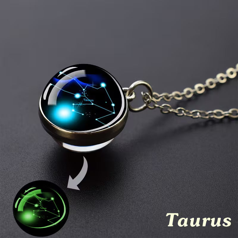 Glow in the Dark Ball Pendant Necklace with Stainless Steel Chain Constellation-Taurus