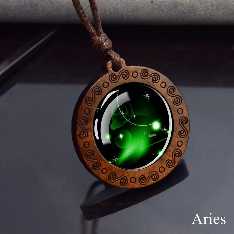 Aries zodiac star sign glass and wood pendant necklace on faux leather cord