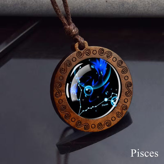 Pisces zodiac star sign glass and wood pendant necklace on faux leather cord