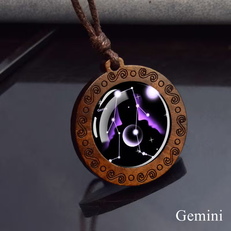 Gemini zodiac star sign glass and wood pendant necklace on faux leather cord