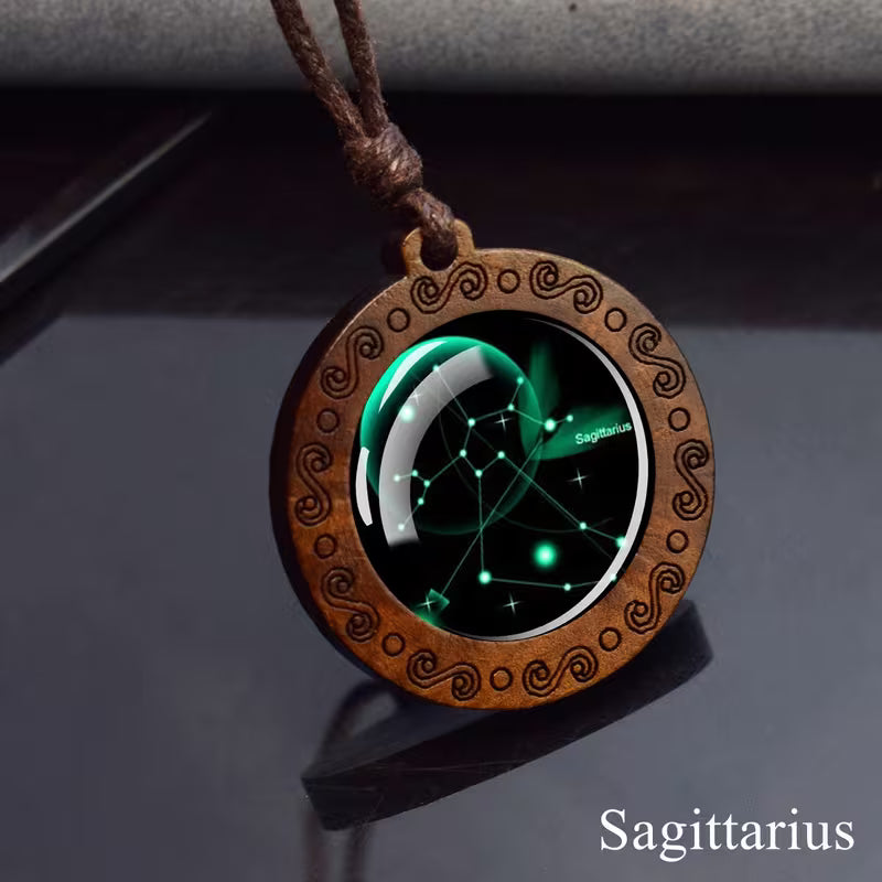Sagittarius zodiac star sign glass and wood pendant necklace on faux leather cord