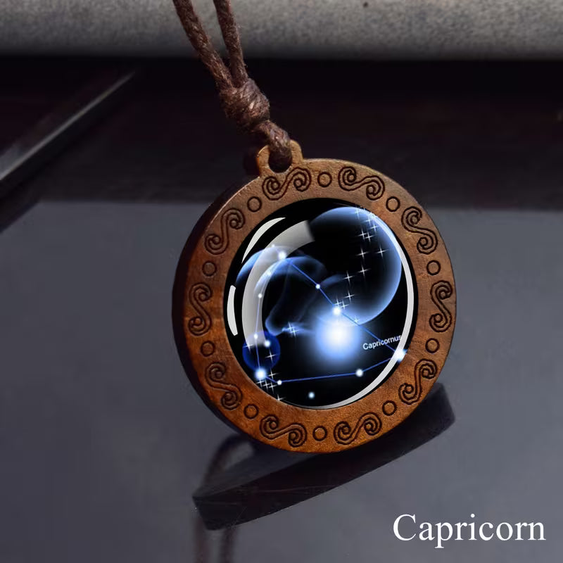 Capricorn zodiac star sign glass and wood pendant necklace on faux leather cord