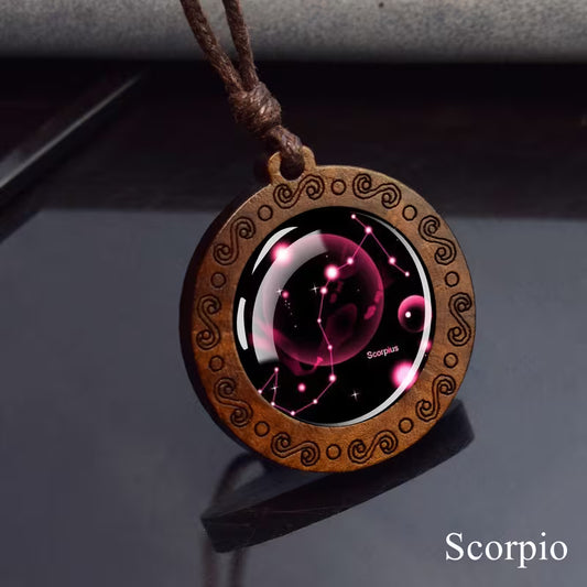 Scorpio zodiac star sign glass and wood pendant necklace on faux leather cord