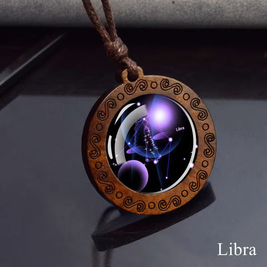 Libra zodiac star sign glass and wood pendant necklace on faux leather cord