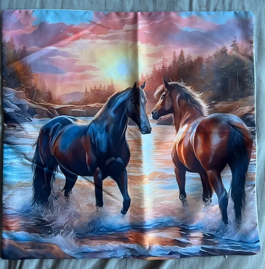 Pair of Horses Scene Cushion Cover 45x45cm-Brand New
