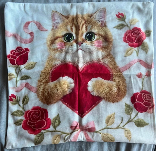 Cat with Heart Cushion Cover 45x45cm-Brand New