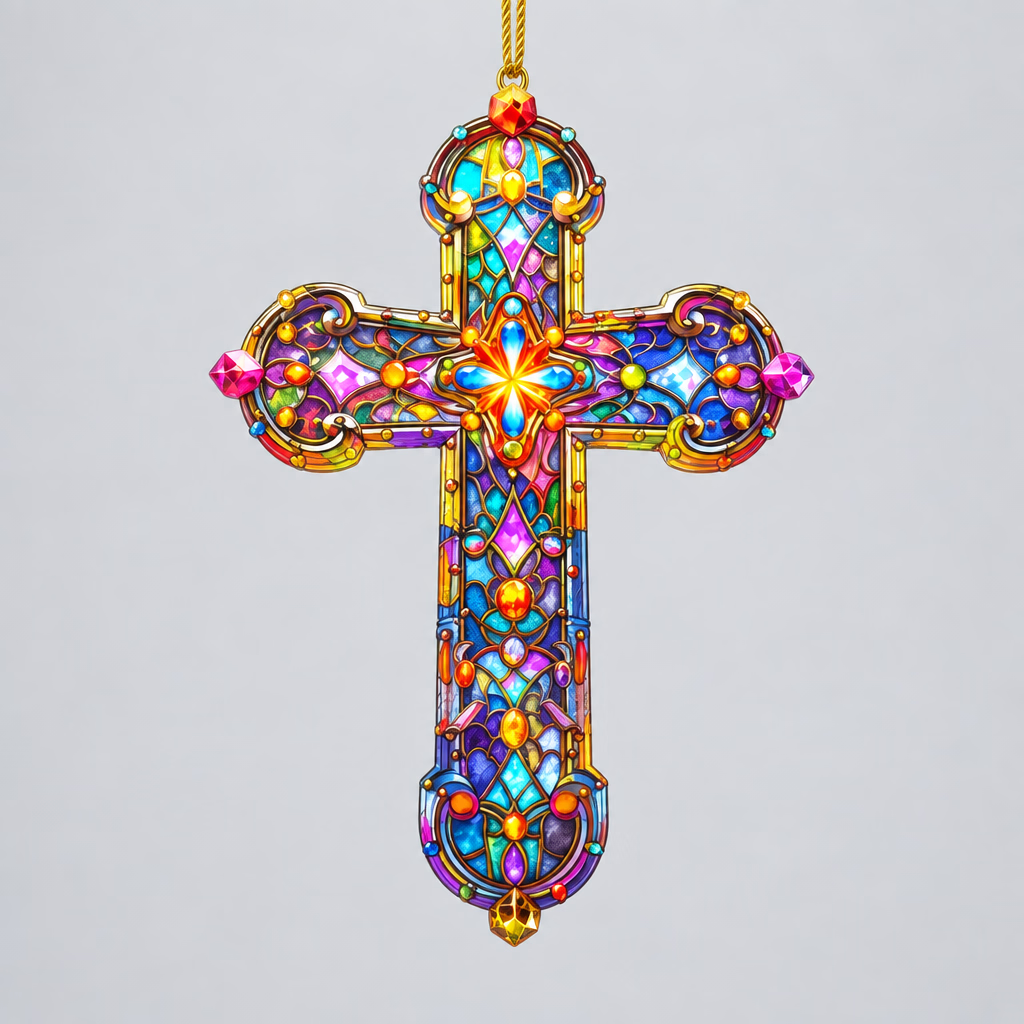2D Flat Acrylic Colourful Cross Sun Catcher Window Hanging Plaque 5.5x8cm