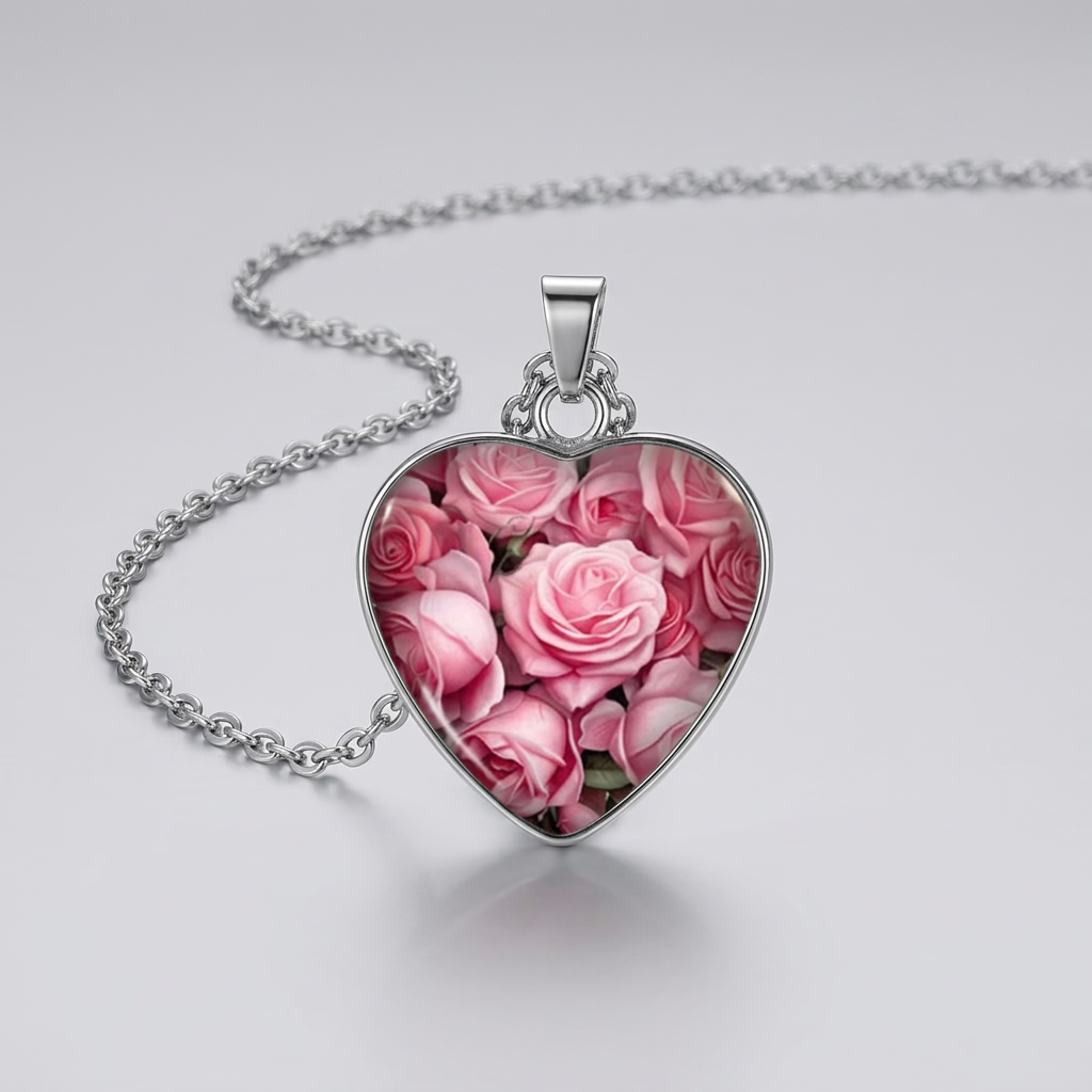 Floral green & pink pendant necklace 2cm on stainless steel chain