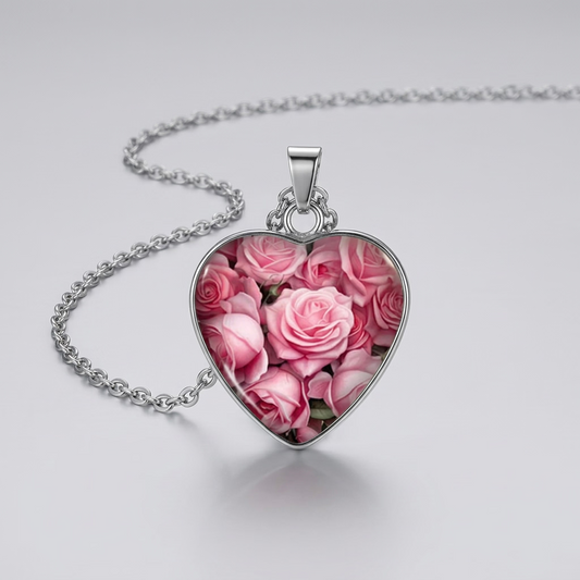 Floral green & pink pendant necklace 2cm on stainless steel chain