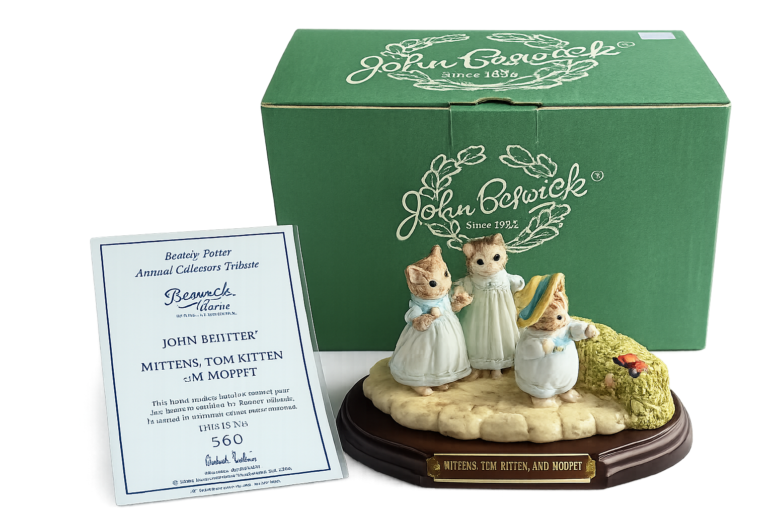Royal Doulton John Bestwick The World of Beatrix Potter Mittens,Tom Kittem and Moppet Ceramic Sculpture 12cm high,20cm wide