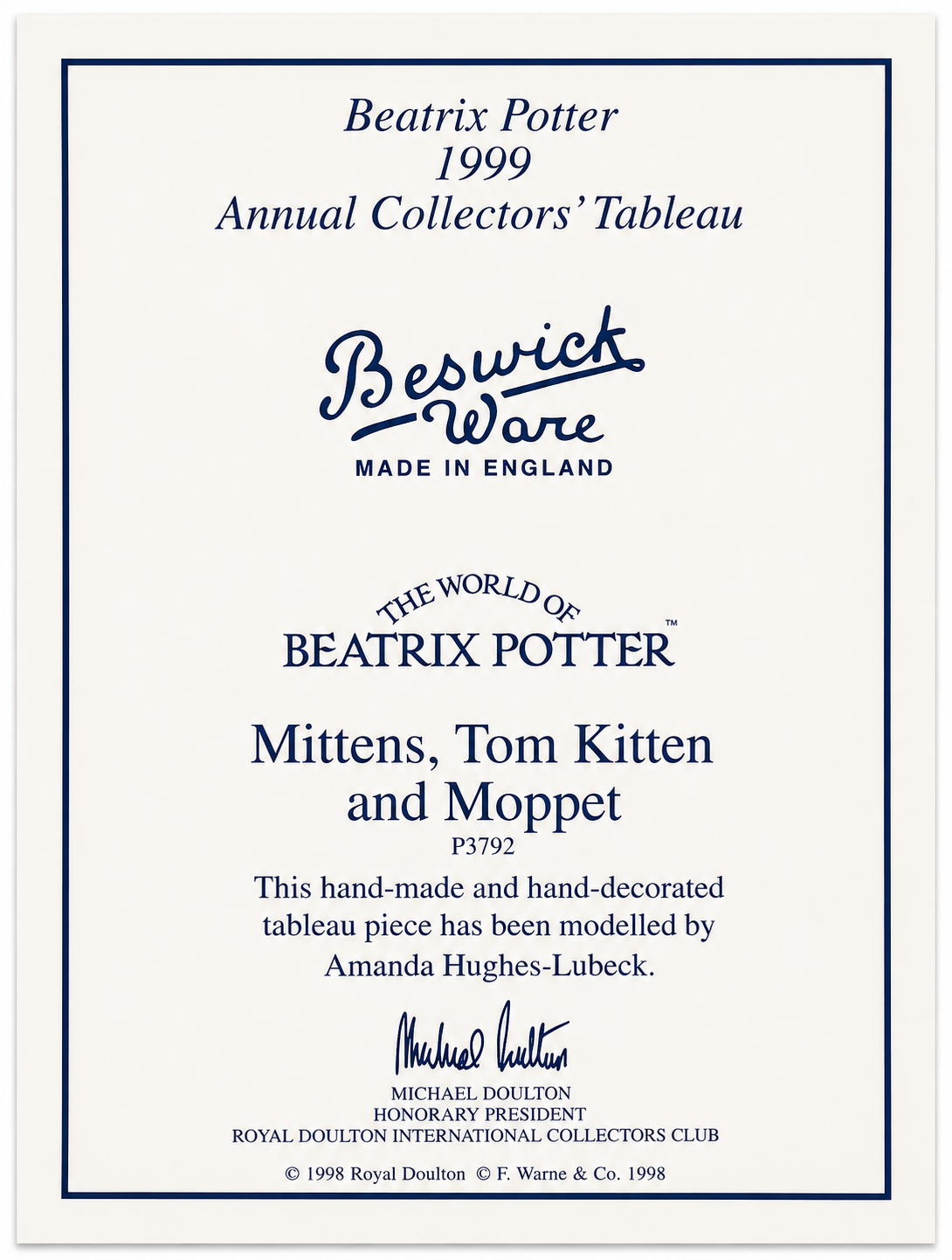 Royal Doulton John Bestwick The World of Beatrix Potter Mittens,Tom Kittem and Moppet Ceramic Sculpture 12cm high,20cm wide