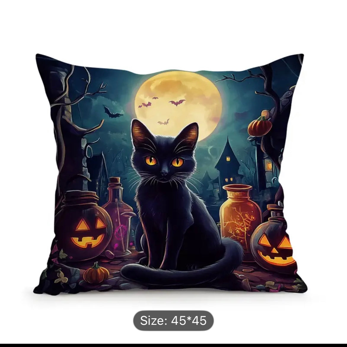 Gothic Black Cat & Haunted House Halloween Throw Pillow Cover