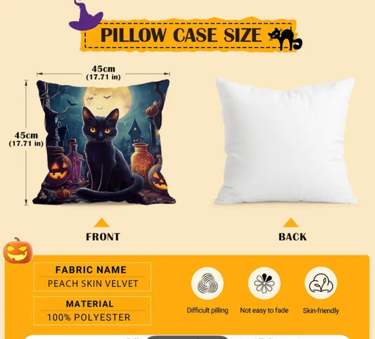 Gothic Black Cat & Haunted House Halloween Throw Pillow Cover