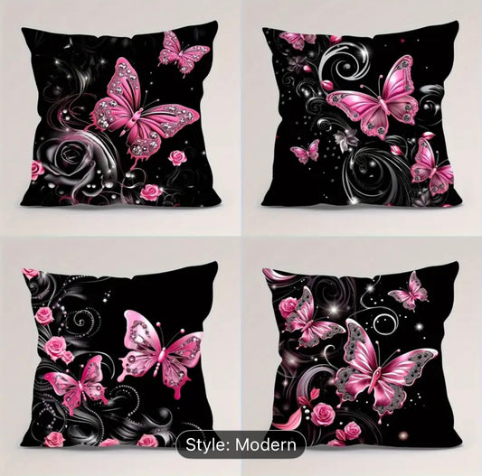 4-Pack Pink Butterfly Pillow Covers – Soft Polyester, Contemporary Style