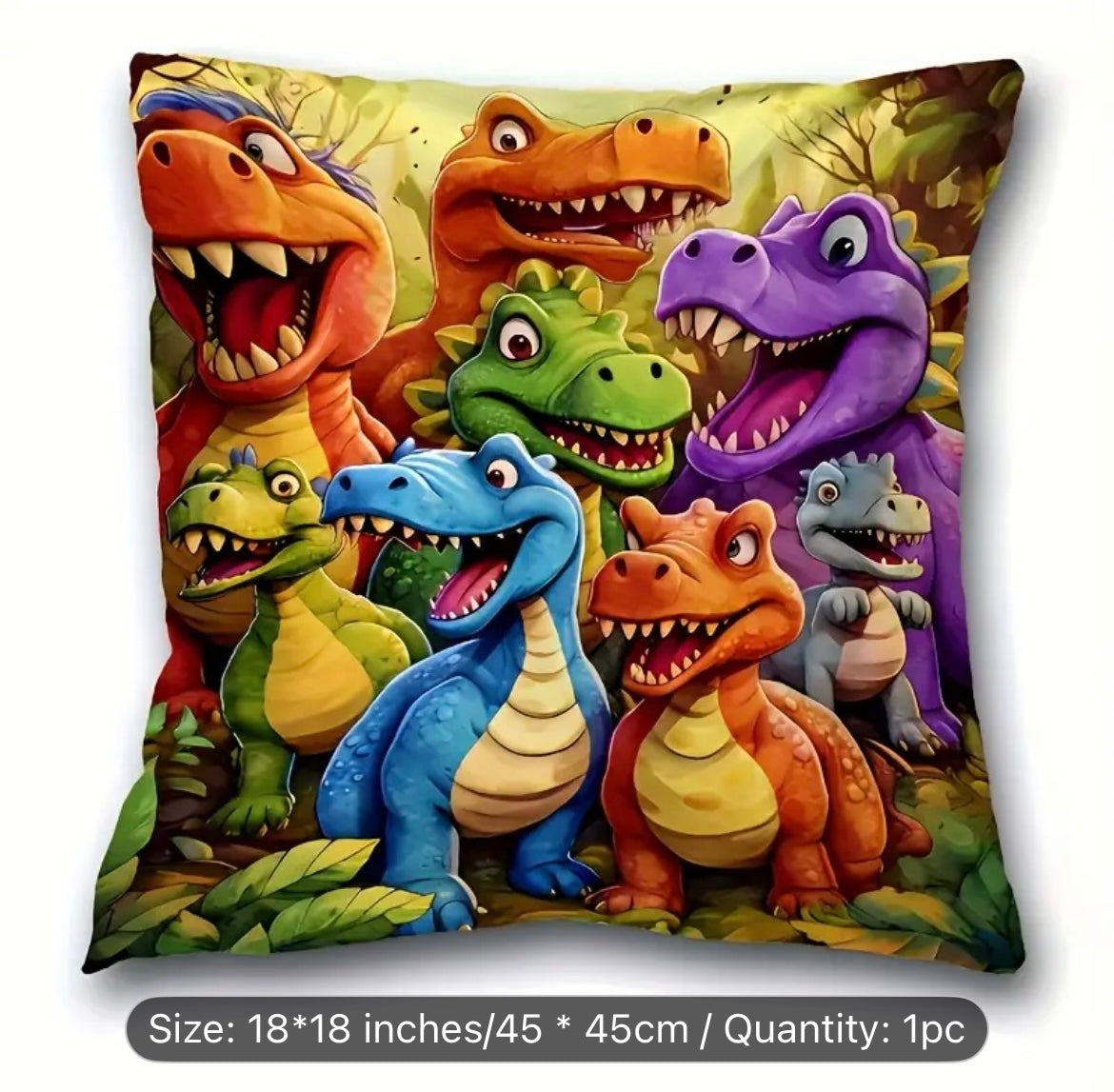 Vibrant Dinosaur Cartoon Throw Pillow Cover