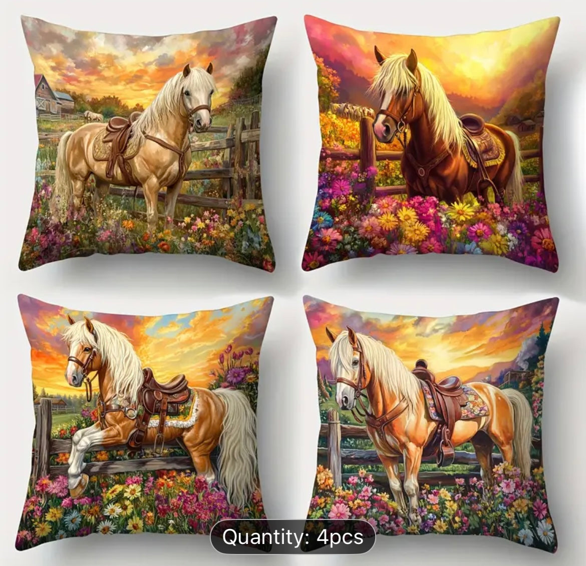 Vibrant Horse-Themed Pillow Covers (Sunset Elegance) - (4pcs)