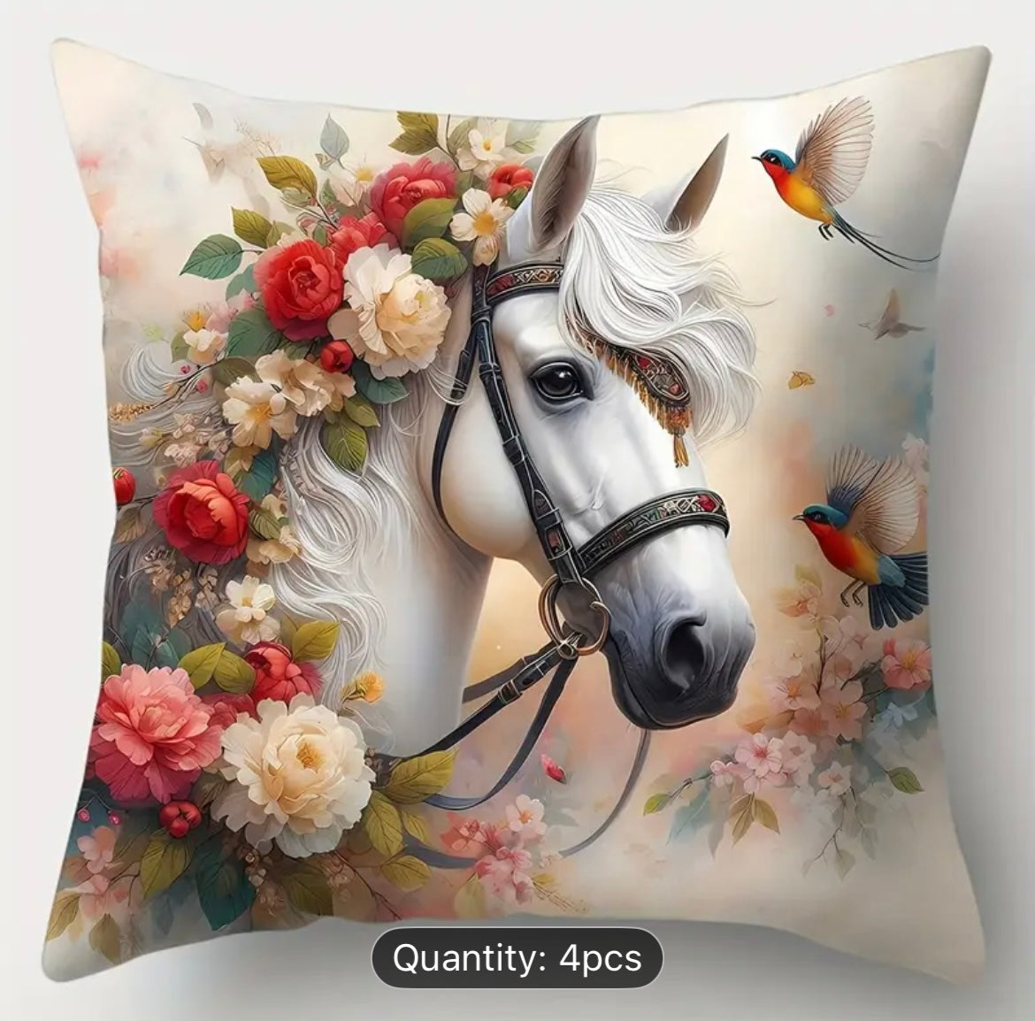 4pcs Horse, Flower & Bird Throw Pillow Covers (Black, White & Brown)