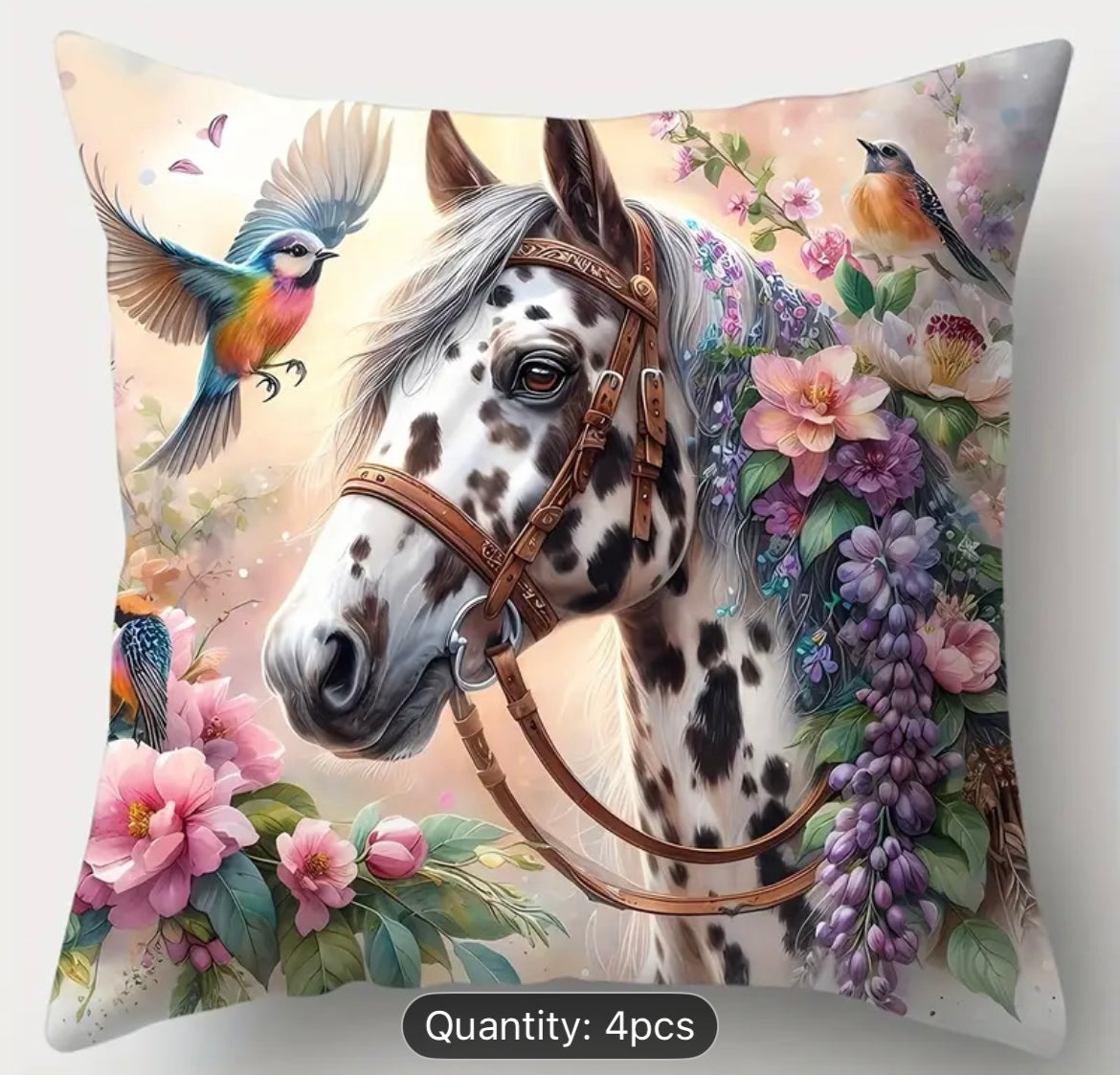 4pcs Horse, Flower & Bird Throw Pillow Covers (Black, White & Brown)