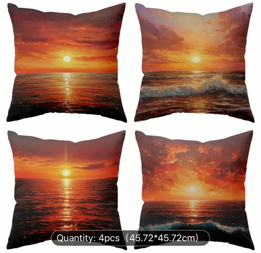 Summer Coastal Cushion Covers – Ocean Sunset Design – (4pcs)