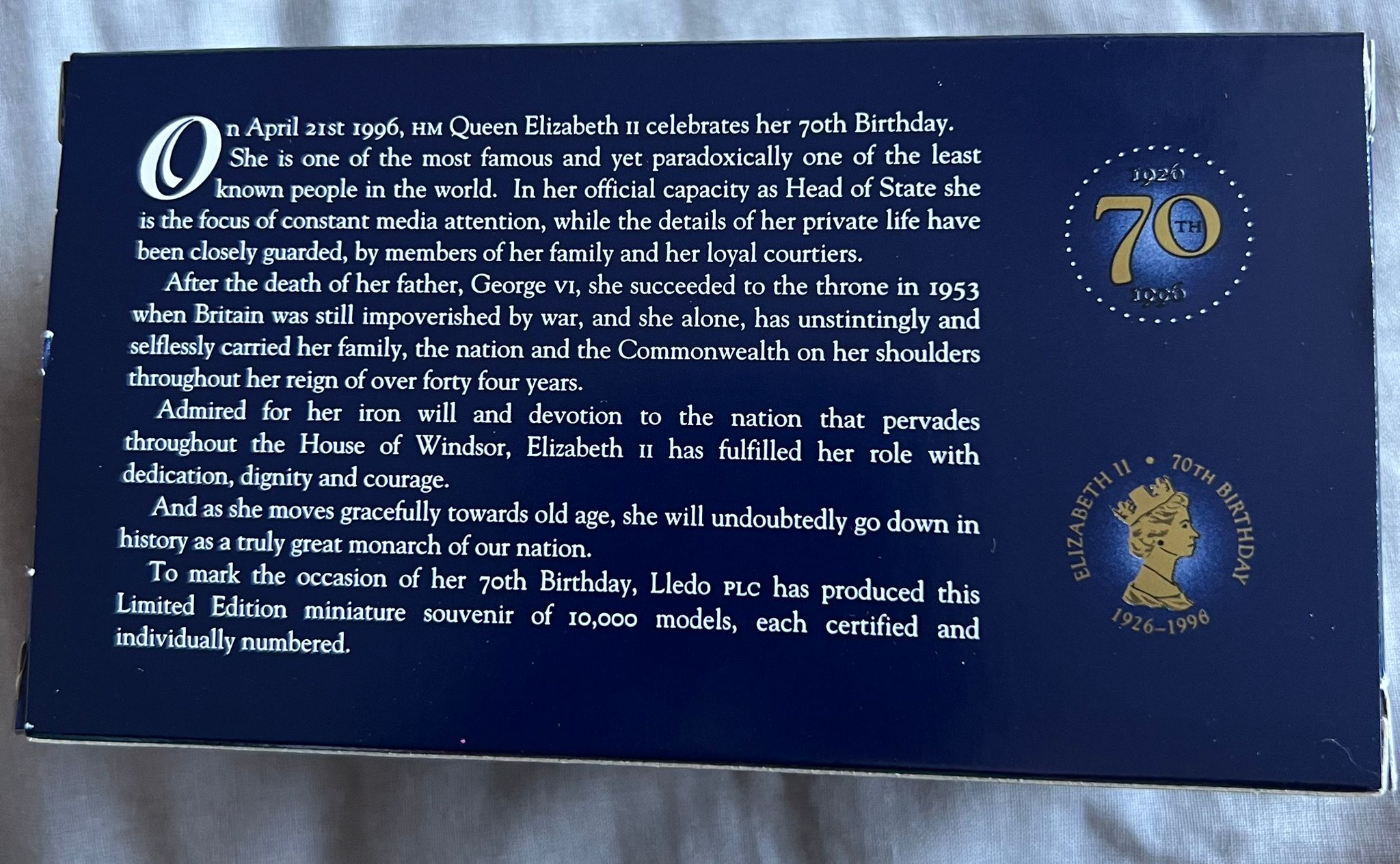 Lledo Queen Elizabeth II 70th Birthday Royal Souvenir Diecast Van 1926-1996 – Boxed Ltd Ed