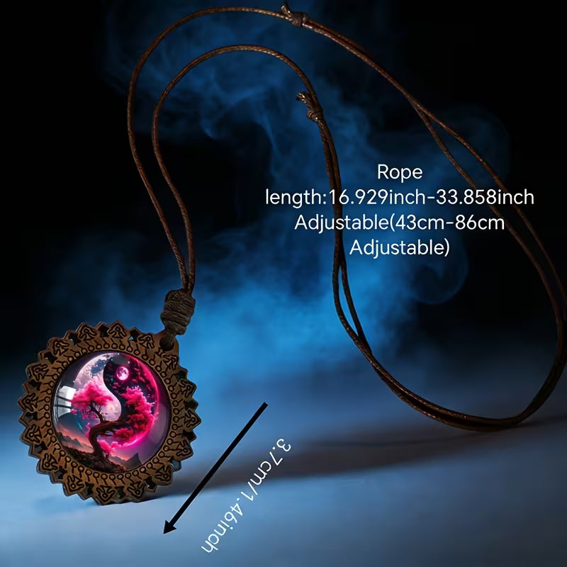 Floral brown & white glass and wood pendant necklace on adjustable faux leather cord – image 2