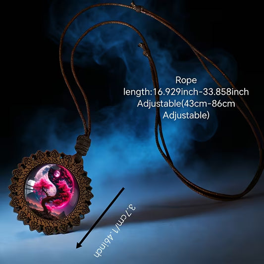 Floral brown & white glass and wood pendant necklace on adjustable faux leather cord – image 2