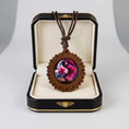 Load image into Gallery viewer, Floral brown & white glass and wood pendant necklace on adjustable faux leather cord
