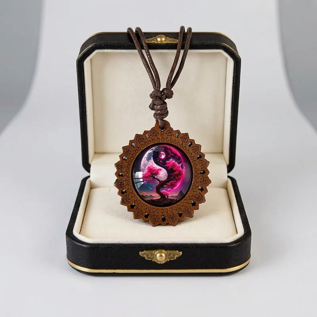 Floral brown & white glass and wood pendant necklace on adjustable faux leather cord