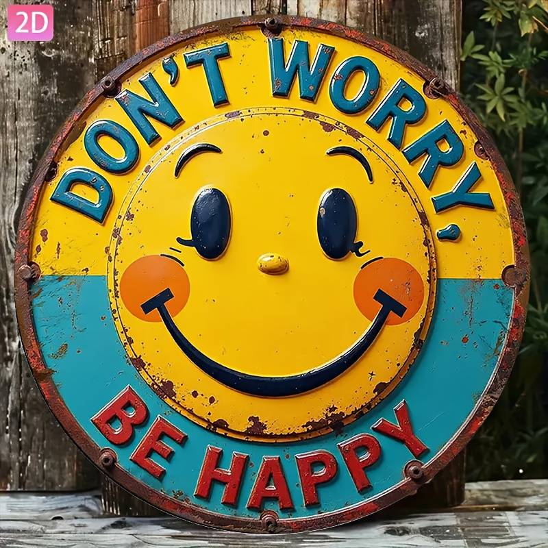 2D Flat “Don’t Worry, Be Happy!” Wooden Wall Sign with Yellow Happy Face & Blue Letters – Inspirational Indoor/Outdoor Decor for Office, Gym, School & Mental Health Spaces