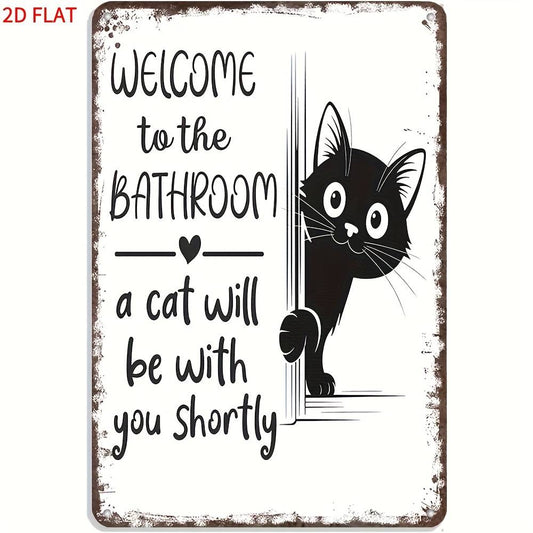 2D Flat, 1pc Vintage Bathroom Sign - Funny Cat Welcome Plaque with Black Cat Peeking in Doorway - Rustic Farmhouse Decor - Durable Wooden Wall Art for Bathroom