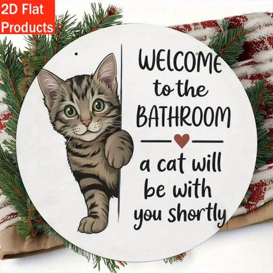 2D Flat, 2D Flat 2D Flat 2D Flat - Decorative Plaque and Ornament - 1pc Wooden Cat Bathroom Sign "Welcome to the Bathroom, the Cat Will Be with You Soon" Wall Decor, Suitable for Home, Office, Cafe, Holiday Gift for Cat Lovers, Perfect Room Decor