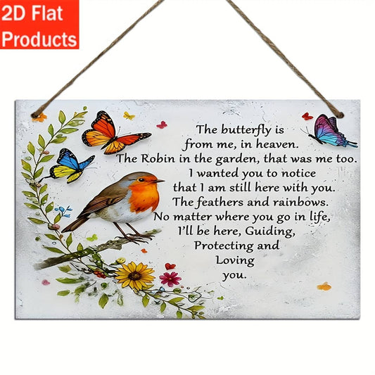 2D Flat, 2D Flat - Decorative Plaque and Ornament, 1pc Vintage Wood Sign with Robin and Butterfly Design, Perfect for Garden Wall or Lawn Decoration, 2D Flat Christmas decorations