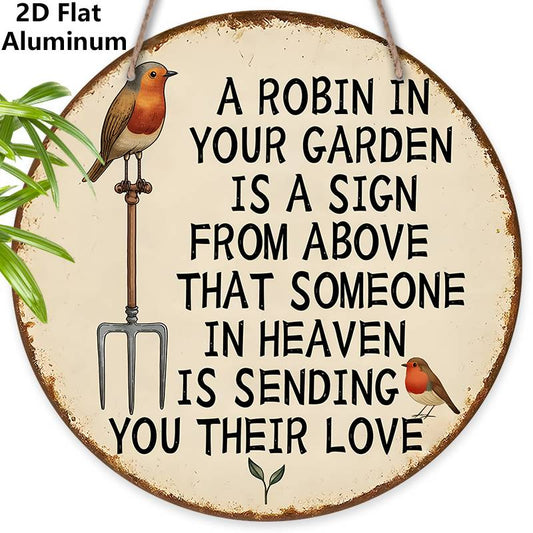 2D Flat, 1pc Round Memorial Garden Wall Decor - "Robin in Your Garden" Heaven Quote Cemetery Sign - Rustic Vintage Outdoor Sympathy Gift Suitable for Loss of Loved One - Durable No-Electricity-Mounted Grave Marker, 2D Flat