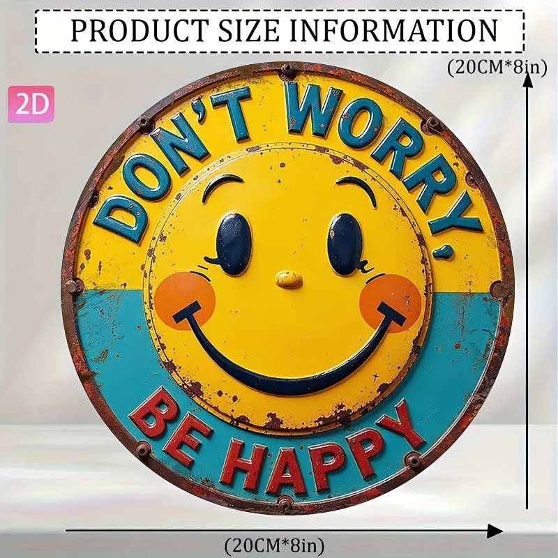 2D Flat “Don’t Worry, Be Happy!” Wooden Wall Sign with Yellow Happy Face & Blue Letters – Inspirational Indoor/Outdoor Decor for Office, Gym, School & Mental Health Spaces