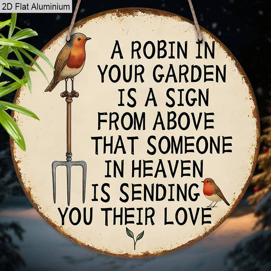 2D Flat, 1pc Round Memorial Garden Wall Decor - "Robin in Your Garden" Heaven Quote Cemetery Sign - Rustic Vintage Outdoor Sympathy Gift Suitable for Loss of Loved One - Durable No-Electricity-Mounted Grave Marker, 2D Flat