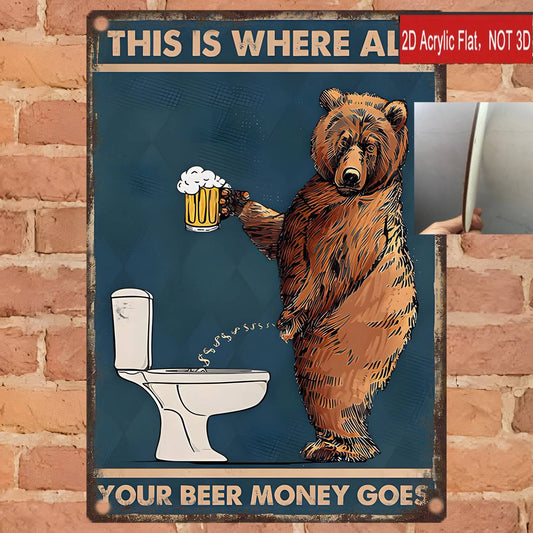 2D Flat, A 2D Flat Vintage-style Wooden Wall Hanging with the Quote "This Is Where All Your Beer Money Goes," a Horizontal Rectangular Framed Poster with Pre-drilled Holes for Home Decor. Vintage Wooden Sign Art Suitable for Holiday Use, 2D Flat