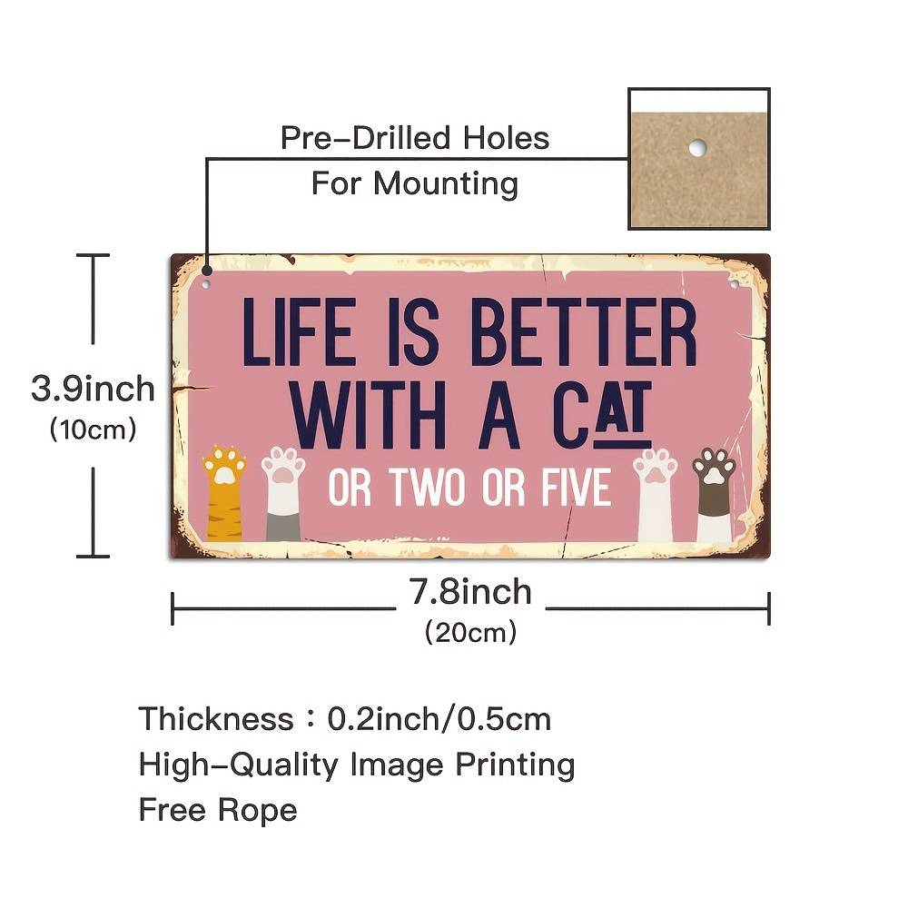 1pc Classic Wooden Cat Lovers Sign, "Life is Better with a Cat or Two or Five" Humorous Wall Decor, 9.91x19.81 cm, Rectangle Hanging Plaque for Home & Door, No Electricity Needed, Featherless