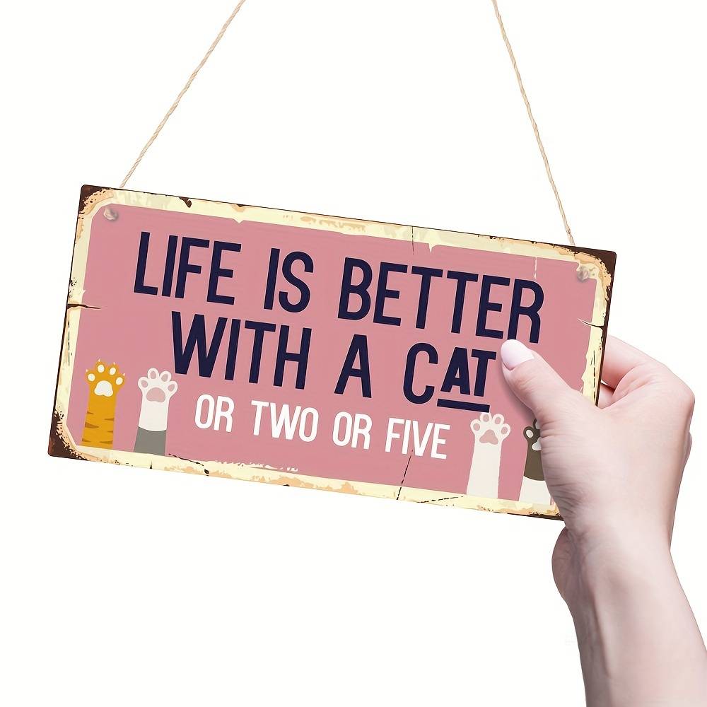 1pc Classic Wooden Cat Lovers Sign, "Life is Better with a Cat or Two or Five" Humorous Wall Decor, 9.91x19.81 cm, Rectangle Hanging Plaque for Home & Door, No Electricity Needed, Featherless