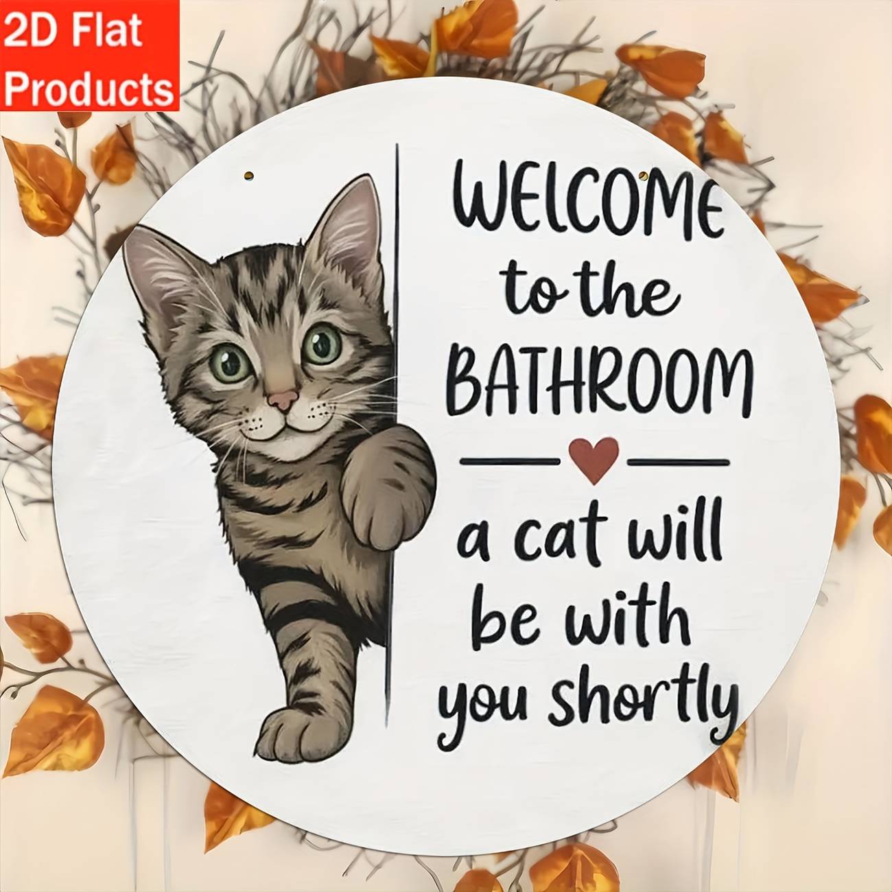 2D Flat, 2D Flat 2D Flat 2D Flat - Decorative Plaque and Ornament - 1pc Wooden Cat Bathroom Sign "Welcome to the Bathroom, the Cat Will Be with You Soon" Wall Decor, Suitable for Home, Office, Cafe, Holiday Gift for Cat Lovers, Perfect Room Decor